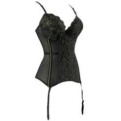 Charming Black Sheer Mesh Floral Lace Bustier Girdle Waist Cincher N17308