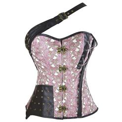 Fashion Pink Steampunk Floral Faux Leather Jacquard Splicing Plastic Boned Buckle Overbust Corset N17326