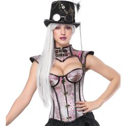 Steampunk Pink Plastic Boned Faux Leather Jacquard Overbust Corset with Decorative Cap Sleeve Shrug N17327