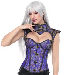 Steampunk Blue Plastic Boned Faux Leather Jacquard Overbust Corset with Decorative Cap Sleeve Shrug N17328