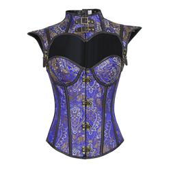 Steampunk Blue Plastic Boned Faux Leather Jacquard Overbust Corset with Decorative Cap Sleeve Shrug N17328