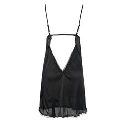 Charming Black Satin Spaghetti Strap Open Back Babydoll Lingerie Sleepwear Dress N17351