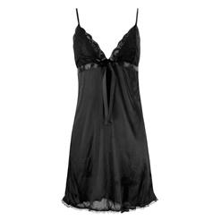 Charming Black Satin Spaghetti Strap Open Back Babydoll Lingerie Sleepwear Dress N17351