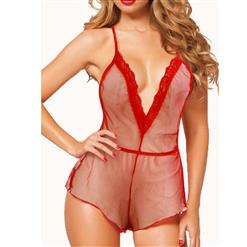 Sleepwear Bodysuit for Women, Sexy Red Sheer Mesh Lingerie, Cheap Romper Lingerie for Women, Sexy Valentines Lingerie, Christmas Loose Bodysuit Lingerie, #N17356