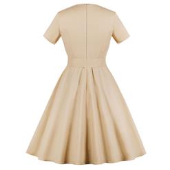 Fashion Beige Vintage Square Neck Short Sleeve Button Pinup Day Dress N17398