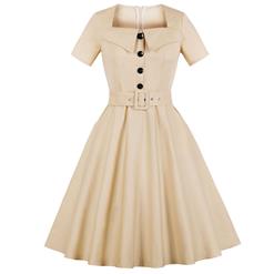 Fashion Beige Vintage Square Neck Short Sleeve Button Pinup Day Dress N17398