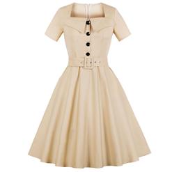 Retro Dresses for Women, Fashion Vintage Short Sleeve Dresses, Vintage Dress for Women Beige, Square Neck Pinup Vintage Dress, Cocktail Party Vintage Dress , #N17398