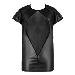 Men's Sexy T-shirt, Male Clothing, Men's T-shirt, See-through Mesh Male Shirt, Black PU Shirt, Hot Sexy Lingerie T-shirt for Men, #N17510