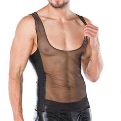 Men's Flirty Black PU Mesh Splicing Transparent Tank Top Vest N17559