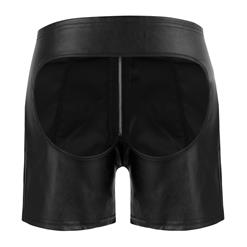 Sexy Black Faux Leather Tight Zipper Open Butt Shorts N17589