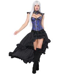 Women's Blue Decorative Shrug Jacquard Overbust Corset High-low Skirt Set N17682