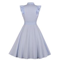 Vintage Turn-down Collar Petal Sleeve Stripe Swing Summer Daily Dress N17688