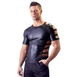 Men's Flirty Black PU Short Sleeve Tight Clubwear Shirt N17733