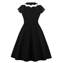 Fashion Vintage Bat-Shaped Neckline Short Sleeve Bat Style Embroidery High Waist A-Line Swing Dress N17746