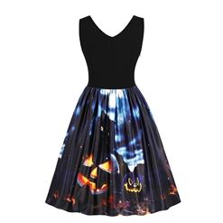 Fashion V Neck Sleeveless 3D Halloween Themed Print A-Line High Waist Dress N17748