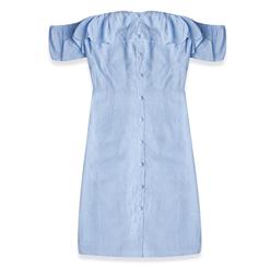 Fashion Blue Off Shoulder Falbala Button High Waist Mini Dress N17941