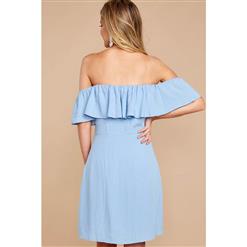 Fashion Blue Off Shoulder Falbala Button High Waist Mini Dress N17941