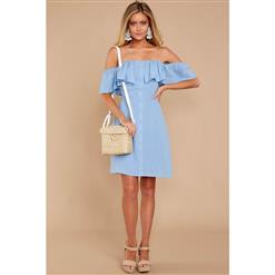 Fashion Blue Off Shoulder Falbala Button High Waist Mini Dress N17941