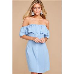 Fashion Blue Off Shoulder Falbala Button High Waist Mini Dress N17941