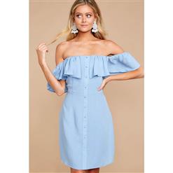 Sexy Mini Dress for Women, Women's Blue Mini Dress, Sexy Off Shoulder A-line Dress, Hot Summer Casual Dress Blue, Falbala Mini Dress for Women, #N17941