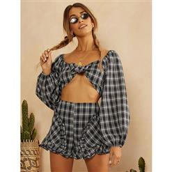 Fashion Black Plaid Print Front Tie up Lantern Sleeve Crop Top Short Sets N17998