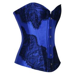 Retro Blue Satin Corset Lace Embellished Overbust Corset N18017