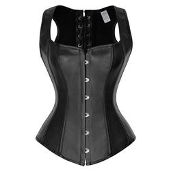 Steampunk Black Faux Leather Steel Boned Waistcoat Vest Overbust Corset N18020