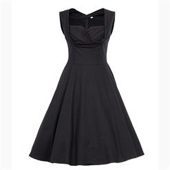 Vintage Women Black Pleated Sweetheart Neckline Sleeveless Midi A-Line Dress N18131