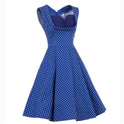 Vintage Blue Polka Dot Printed Pleated Sweetheart Neckline Midi Swing Dress N18133