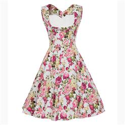 Vintage Pink Floral Printed Pleated Sweetheart Neckline Sleeveless Midi Swing Dress N18134