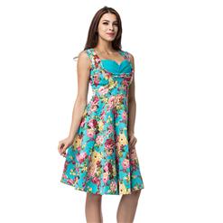 Vintage Blue Floral Printed Pleated Sweetheart Neckline Sleeveless Midi Swing Dress N18135