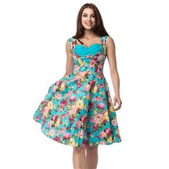 Vintage Blue Floral Printed Pleated Sweetheart Neckline Sleeveless Midi Swing Dress N18135