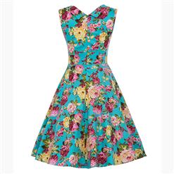 Vintage Blue Floral Printed Pleated Sweetheart Neckline Sleeveless Midi Swing Dress N18135