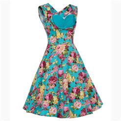 Vintage Blue Floral Printed Pleated Sweetheart Neckline Sleeveless Midi Swing Dress N18135