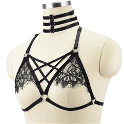 Sexy Spaghetti Straps Lingerie Black Bundle Elastic Lace Open Bra N18147