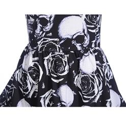 Fashion Black Sleeveless Halloween Pale Skulls and Roses Print High Waist Dress N18278