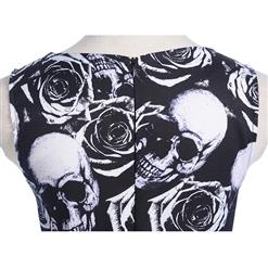 Fashion Black Sleeveless Halloween Pale Skulls and Roses Print High Waist Dress N18278