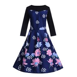 Fashion Round Neckline Retro Flowers Print Long Sleeves High Waist Evening Dress N18290