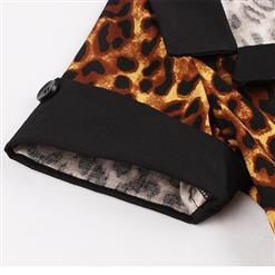 Sexy Leopard Print Turn Down Collar Short Sleeves High Waist Midi Swing Dress with Belt N18341