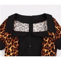 Sexy Leopard Print Turn Down Collar Short Sleeves High Waist Midi Swing Dress with Belt N18341