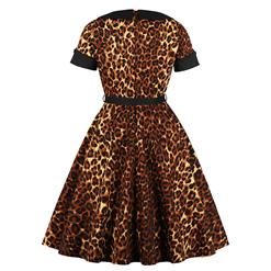 Sexy Leopard Print Turn Down Collar Short Sleeves High Waist Midi Swing Dress with Belt N18341
