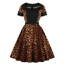 Leopard Print Dress, Vintage Dresses for Women, Sexy Dresses for Women Cocktail Party, Vintage High Waist Dress, Short Sleeves Swing Daily Dress, Vintage Leopard Printed Swing Dress, #N18341