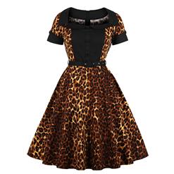 Sexy Leopard Print Turn Down Collar Short Sleeves High Waist Midi Swing Dress with Belt N18341