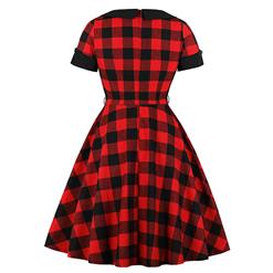 Vintage Red and Black Plaid Pattern Turn Down Collar Short Sleeves High Waist Midi Swing Dress with Belt N18342