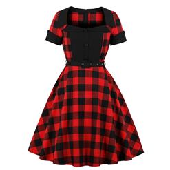 Red and Black Plaid Pattern Dress, Vintage Dresses for Women, Sexy Dresses for Women Cocktail Party, Vintage High Waist Dress, Short Sleeves Swing Daily Dress, Vintage Plaid Printed Swing Dress, #N18342