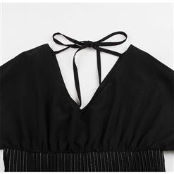 Gothic Style Pure Black Deep V Neck and V Back Short Sleeves Wide Elastic Band High Waist Midi Dress N18343