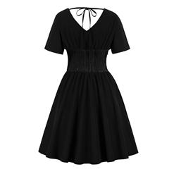 Gothic Style Pure Black Deep V Neck and V Back Short Sleeves Wide Elastic Band High Waist Midi Dress N18343