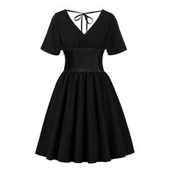 Gothic Style Pure Black Deep V Neck and V Back Short Sleeves Wide Elastic Band High Waist Midi Dress N18343