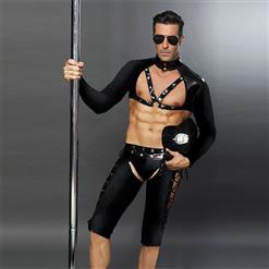 Men's Sexy Flirting Black Police Uniform Temptation Passion Cosplay Club PU Costume N18348