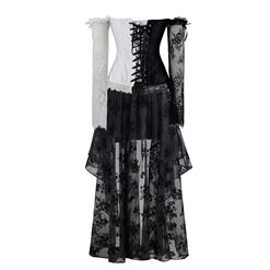 Victorian Gothic Black and White Plastic Boned Floral Lace Overbust Corset with Organza High Low Skirt Sets N18359